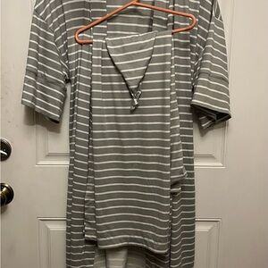 Gray and White Striped Robe with Matching Swaddle and Hat
